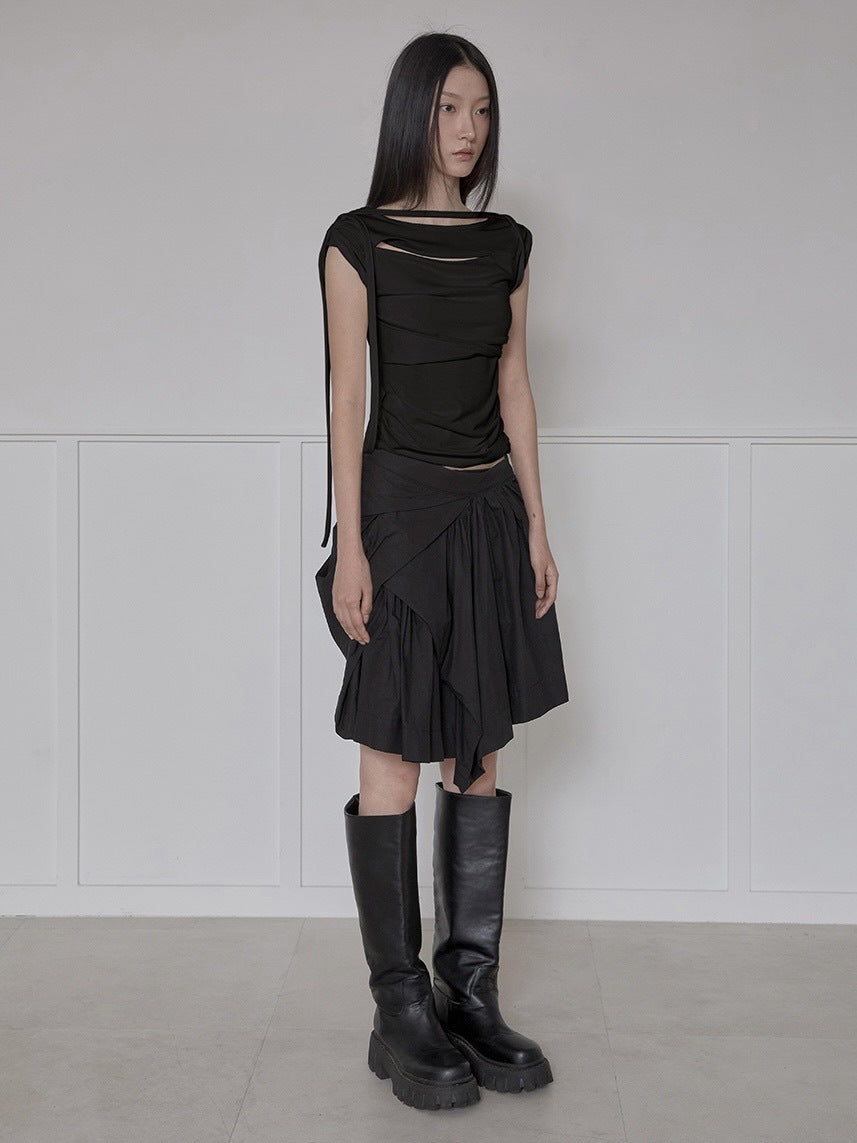 【FLAREUP】Asymmetrical Draped Strap Roll-Up T-Shirt