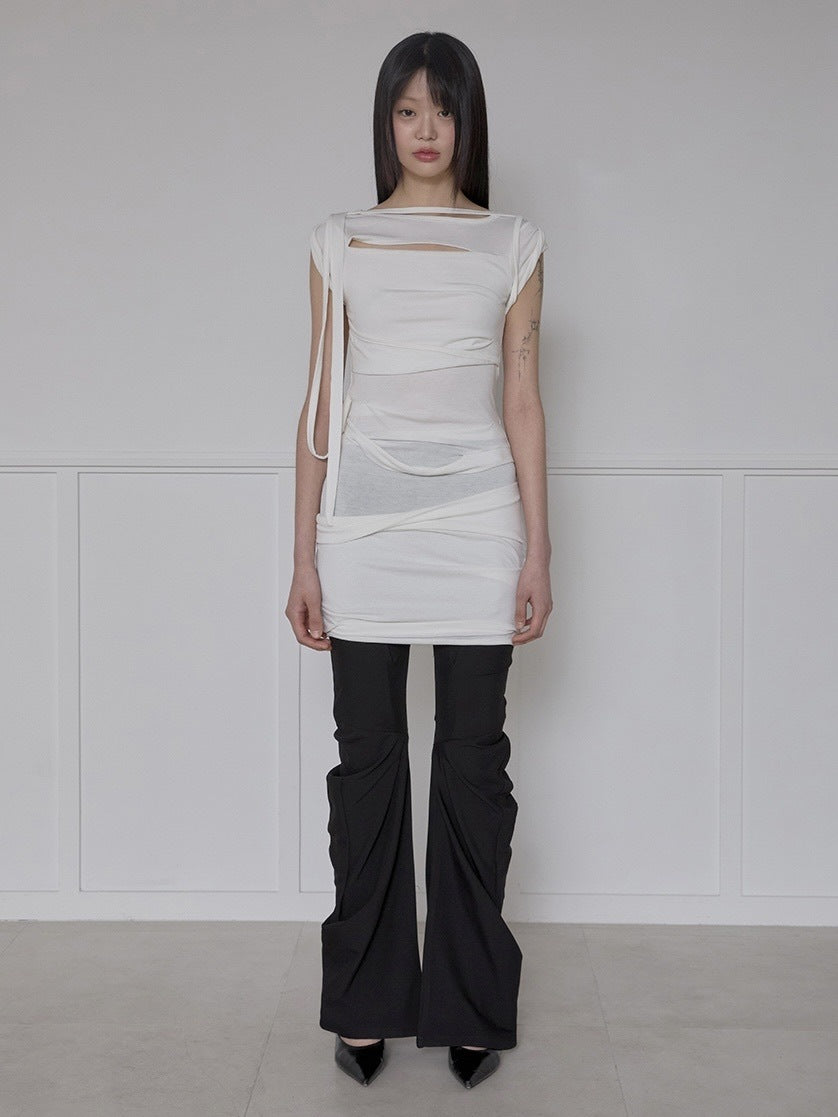 【FLAREUP】Asymmetrical Draped Strap Roll-Up Dress