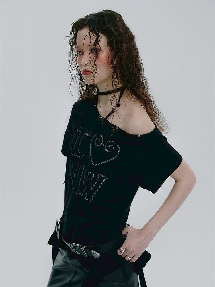 【NOT KNOWING】One Shoulder I LOVE Ruffle Top / 【ノットノーイング】ワンショルダーアイラブラッフル半袖Tシャツ