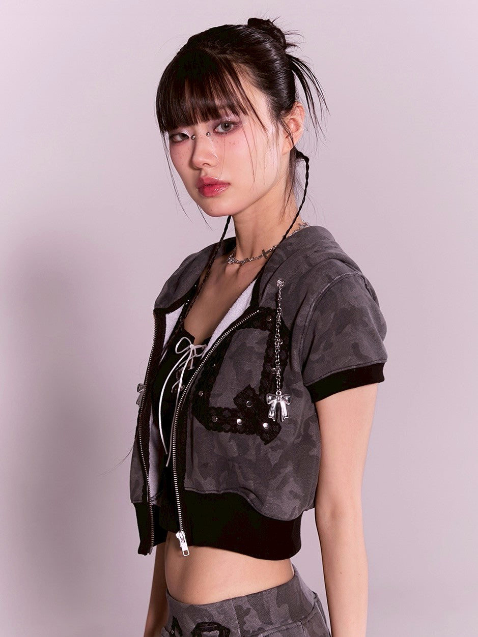 【CHERRYQUIRI】CQ lace stud hood zip-up