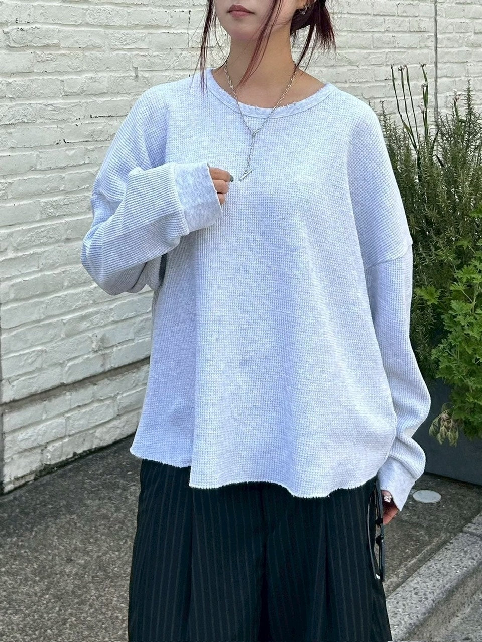東京店WEB限定受注制【Chikashitsu +】damage waffle long sleeve tee / 【チカシツプラス】ダメージワッフル長袖Tシャツ (2color)