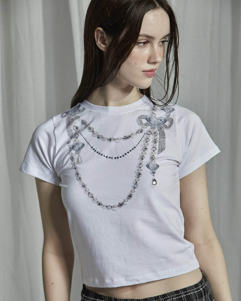 【GATELESS】NECKLACE PRINT CROPPED T-SHIRT / 【ゲートレス】ネックレスプリントクロップド半袖Tシャツ