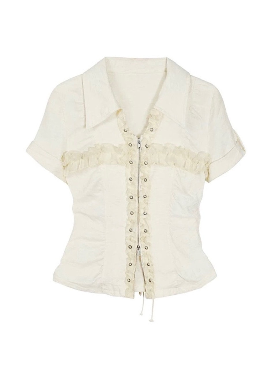【Cest Nous】Lace Trim Rivet Blouse / 【セヌー】レースフリルリベットブラウス