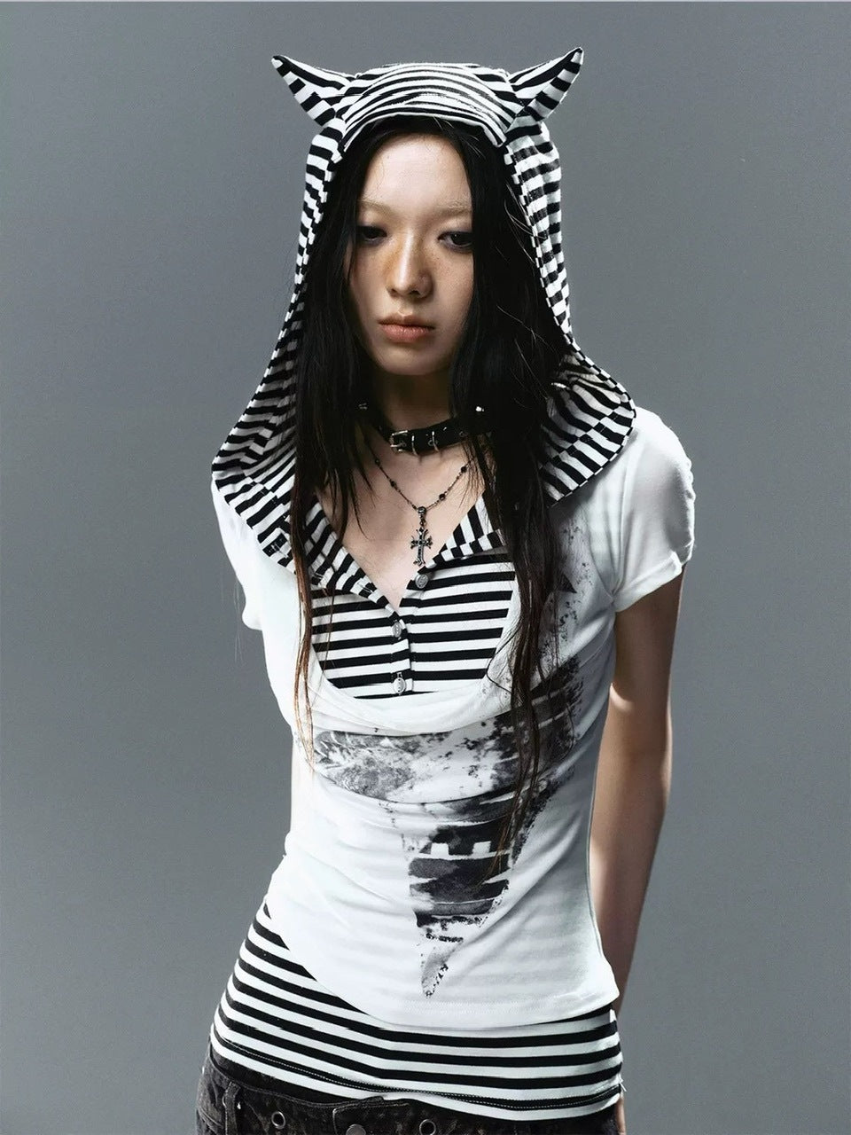 【Cest Nous】Striped Cat-Ear Top / 【セヌー】ボーダーレイヤードキャットイヤー半袖Tシャツ