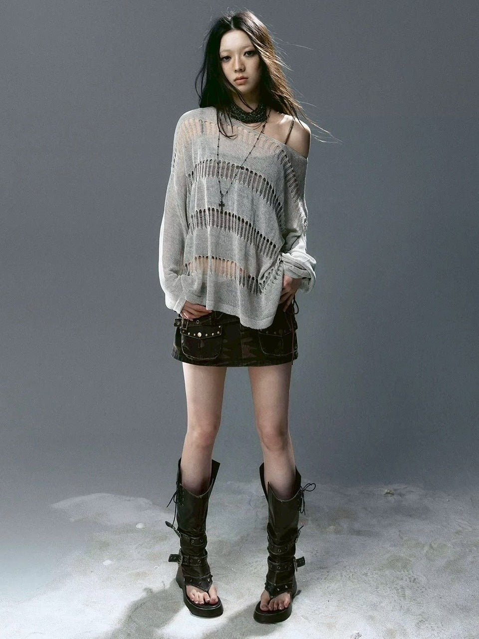 【Cest Nous】Knit Cover-Up / 【セヌー】シースルーボーダーサマーニット長袖Tシャツ