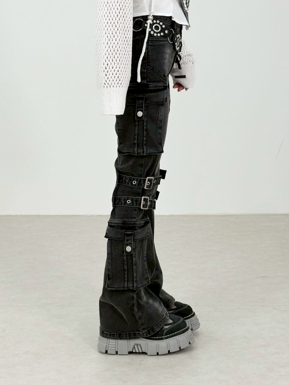 【NMTXU】flare cargo denim pants / 【エヌエムティーエックスユー】ウォッシュドフレアカーゴデニムパンツ