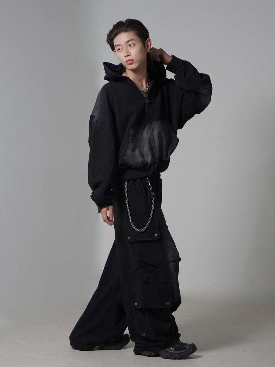 【CHIKASHITSU PLUS HIGH】4 pocket dirty wash sweat cargo pants (wash black) / 【チカシツプラスハイ】マルチポケットダーティーウォッシュスウェットカーゴパンツ