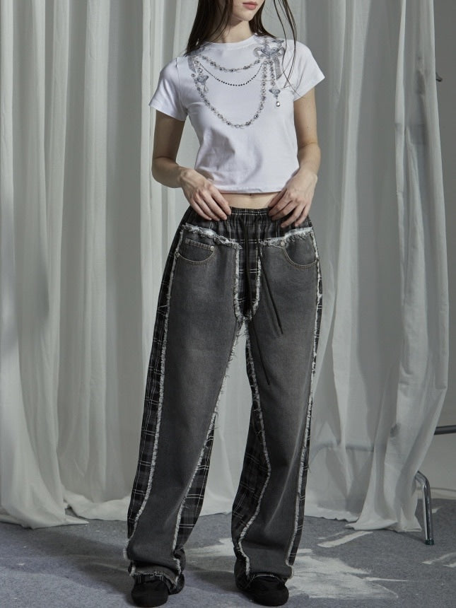 【GATELESS】DAMAGE DENIM PATICHWORK CHECK PANTS / 【ゲートレス】ダメージデニムパッチワークチェックパンツ