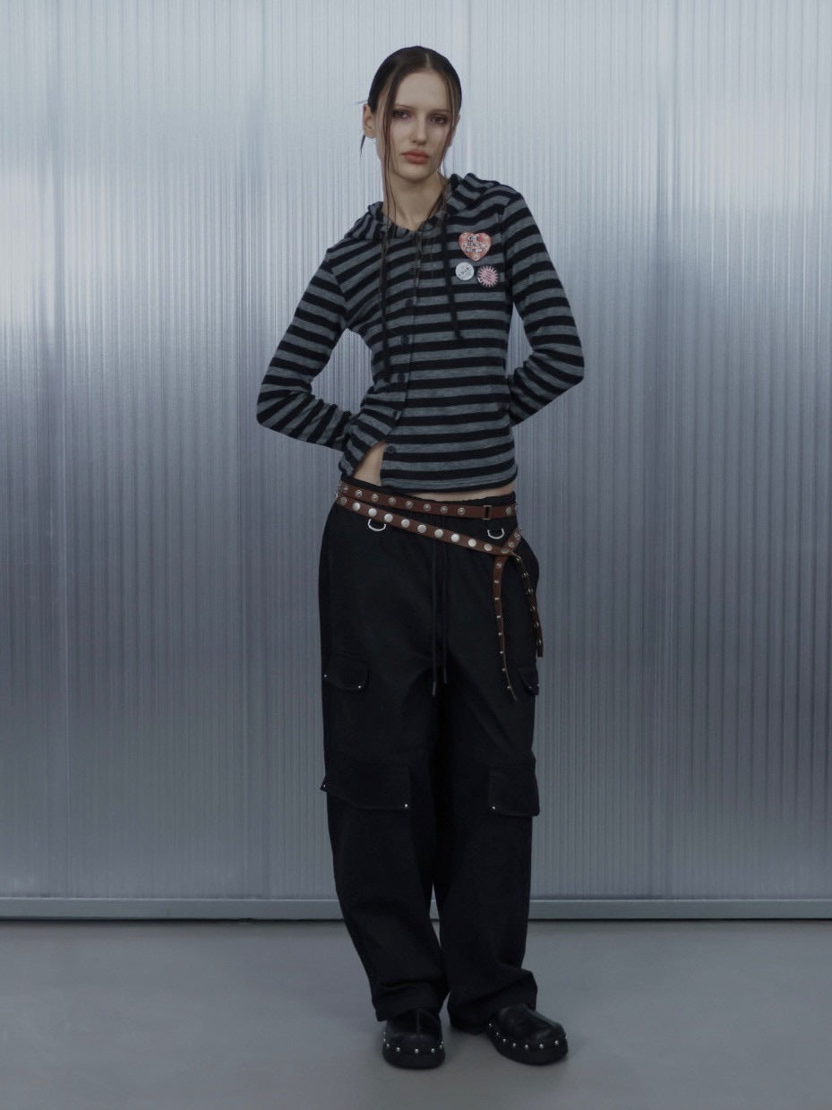 【SETUP‐EXE】BADGE STRIPE HOODED CARDIGAN / 【セットアップエグゼ】バッジストライプフードカーディガン