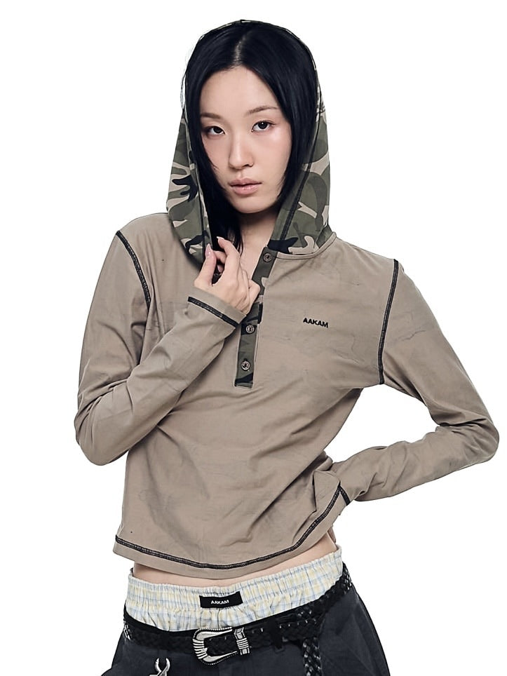 【AAKAM】Camo Contrast Hooded Long Sleeve