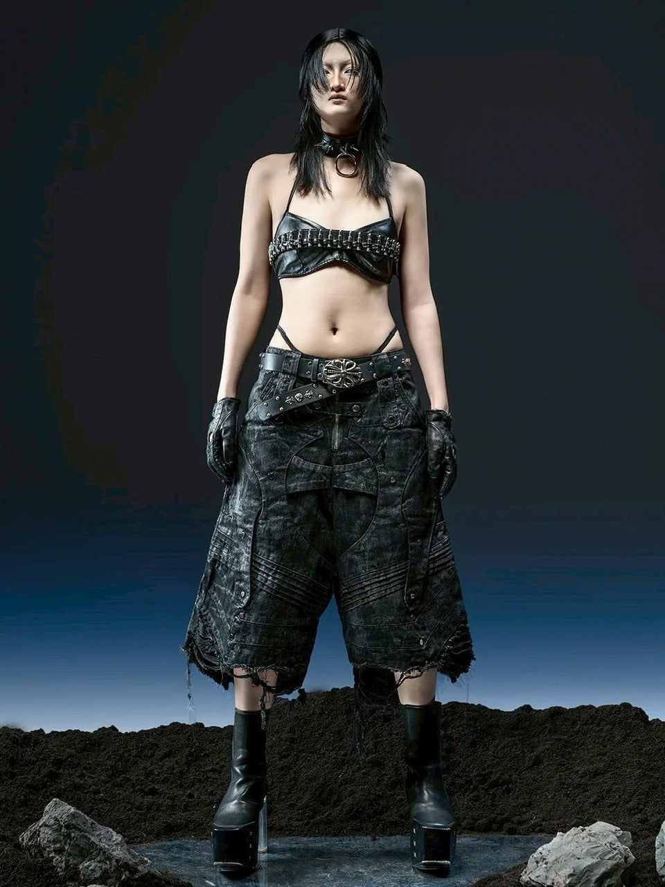 1/2 20:00再販【RICH】Knight Wide Waxed Short Pants/ 【リッチ】デザインデニムダメージハーフパンツ