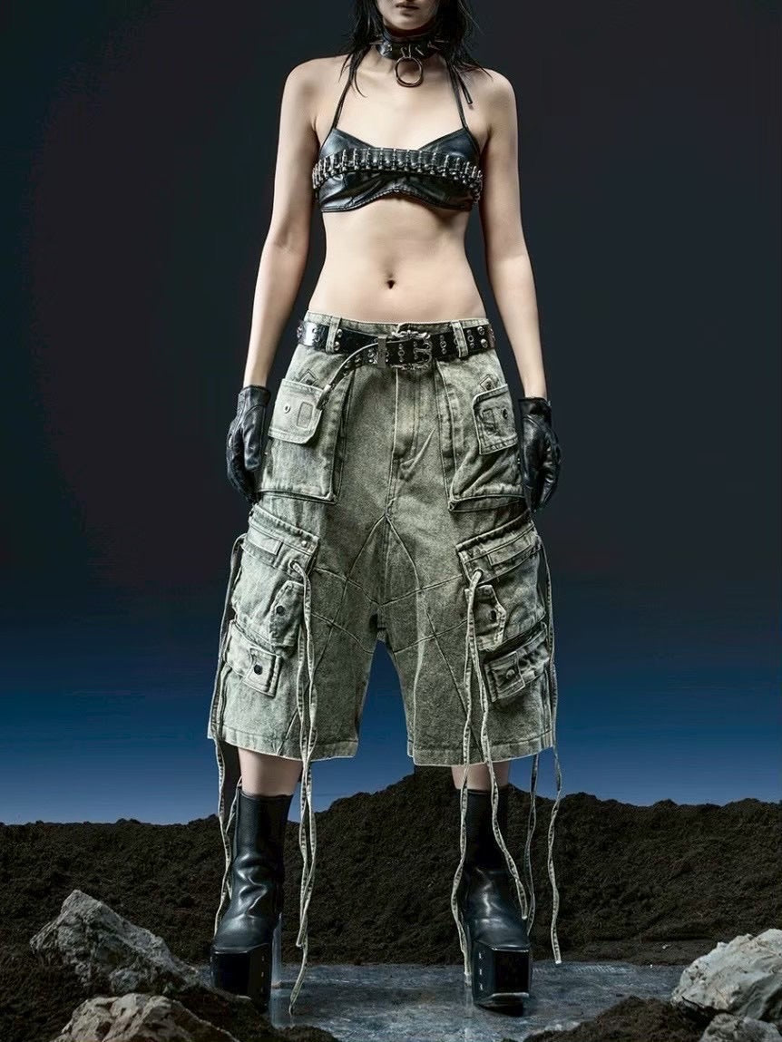 【RICH】Cargo Wide Green Washed Short pants / 【リッチ】ポケットカーゴデニムハーフパンツ