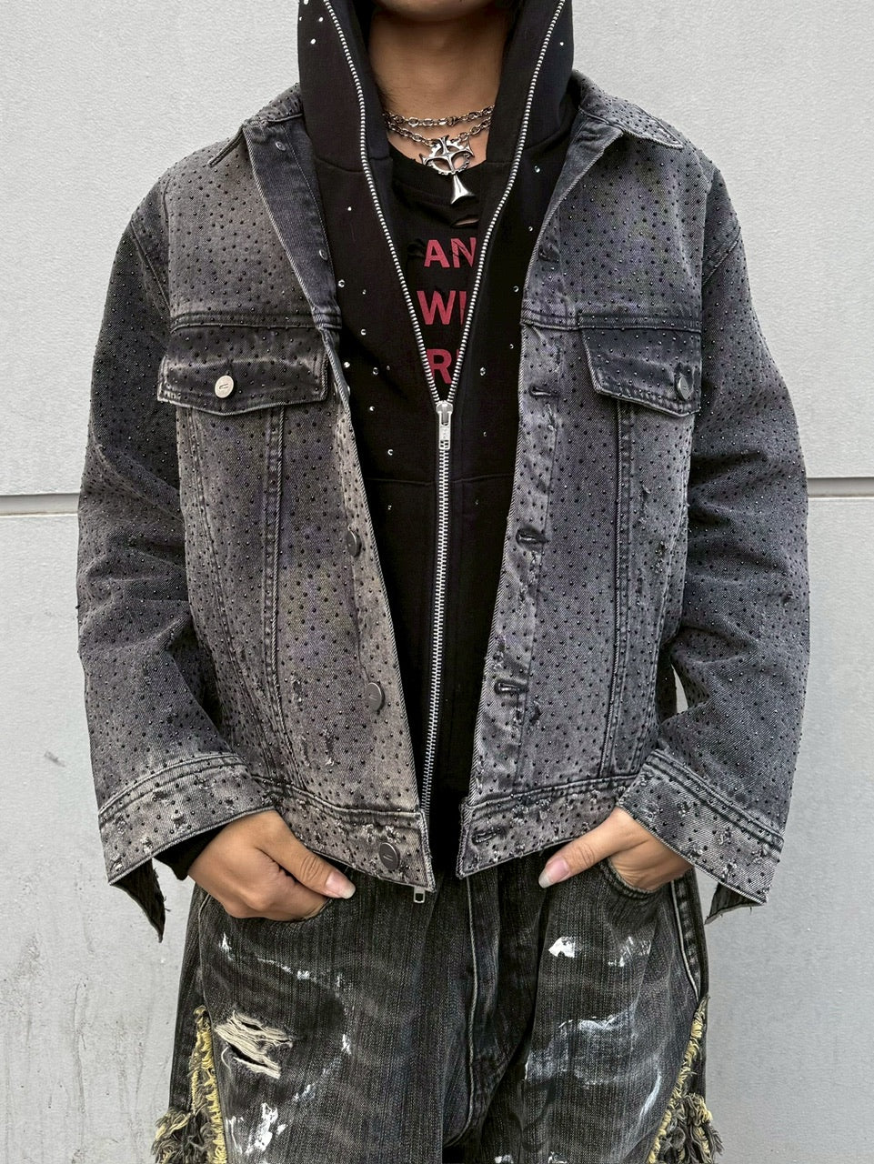 【Never mind the XU】rhinestone denim jacket / 【ネバーマインドザエックスユー】ラインストーンデニムジャケット (2color)