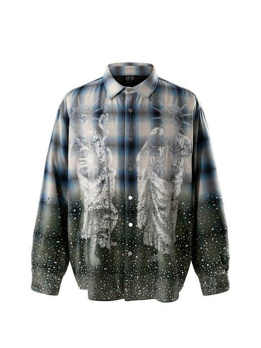 【The Boy Has No Patience】Saint Irregular Hot Diamond Plaid Shirt / 【ザボーイハズノーペーシェンス】ラインストーングラデーション長袖チェックシャツ