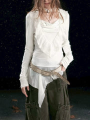 【Cest Nous】Ruffle hem top / 【セヌー】チョーカー付きアシンメトリーフリルトップス