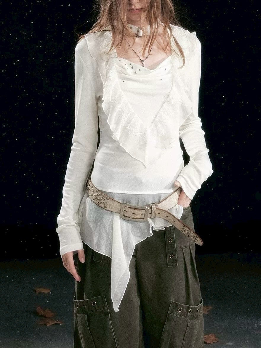 【Cest Nous】Ruffle hem top / 【セヌー】チョーカー付きアシンメトリーフリルトップス