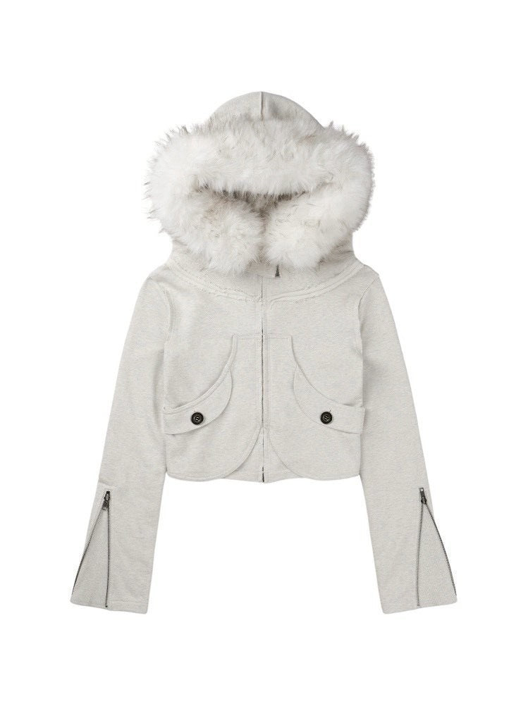 【bonienkiye】Distressed Seam Fur Hood Zip-Up