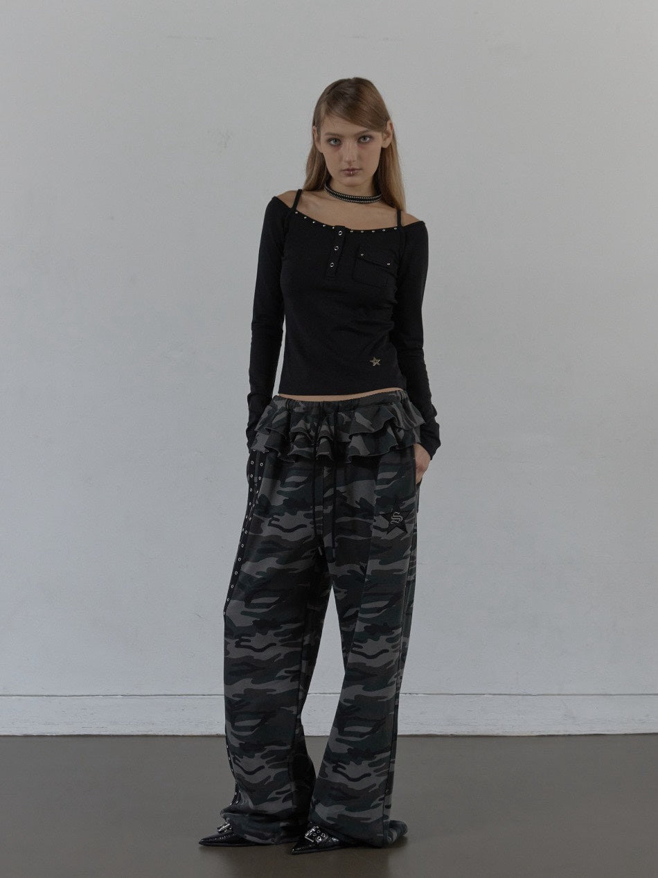 【SETUP‐EXE】FRILL EYELET SWEATPANTS / 【セットアップエグゼ】フリルアイレットサイドラインスウェットパンツ