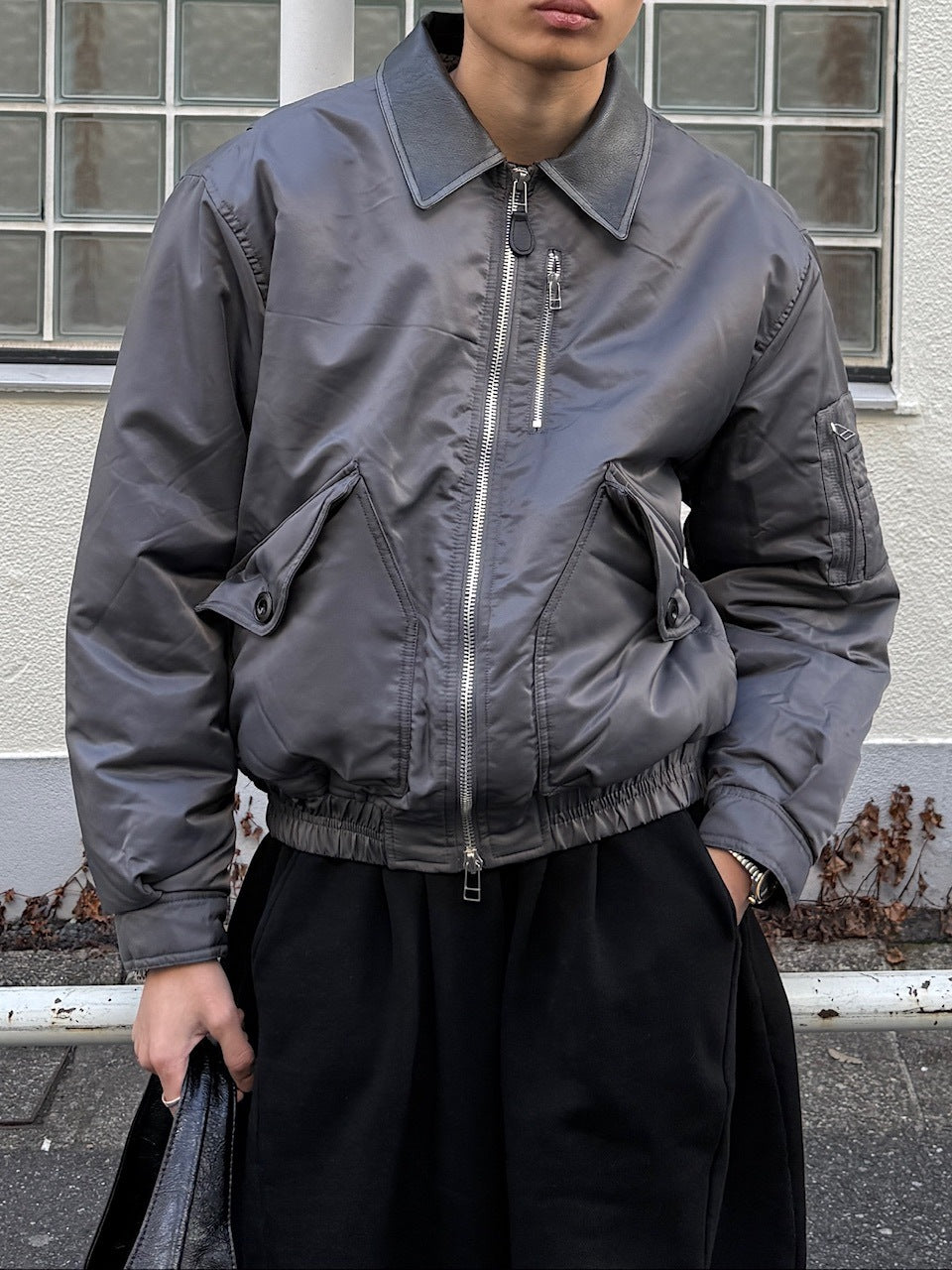 東京店WEB限定【Chikashitsu +】leather collar bomber jacket / 【チカシツプラス】レザーカラーボンバージャケット (2color)