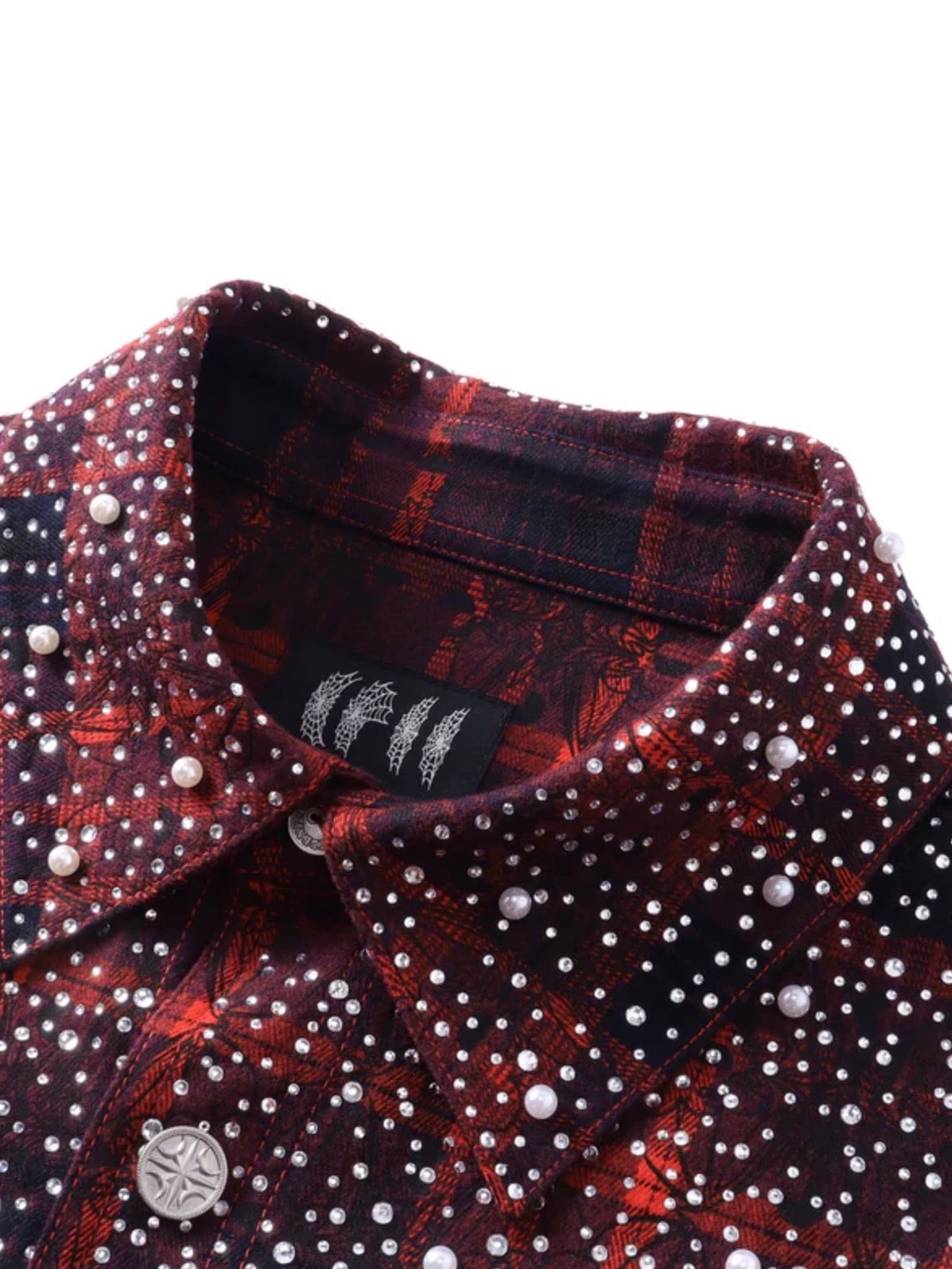 【The Boy Has No Patience】TBHNP LUMINOUS DAWN RHINESTONE PEARL BAT PATTERN L-S SHIRT / 【ザボーイハズノーペーシェンス】ラインストーンチェックシャツ