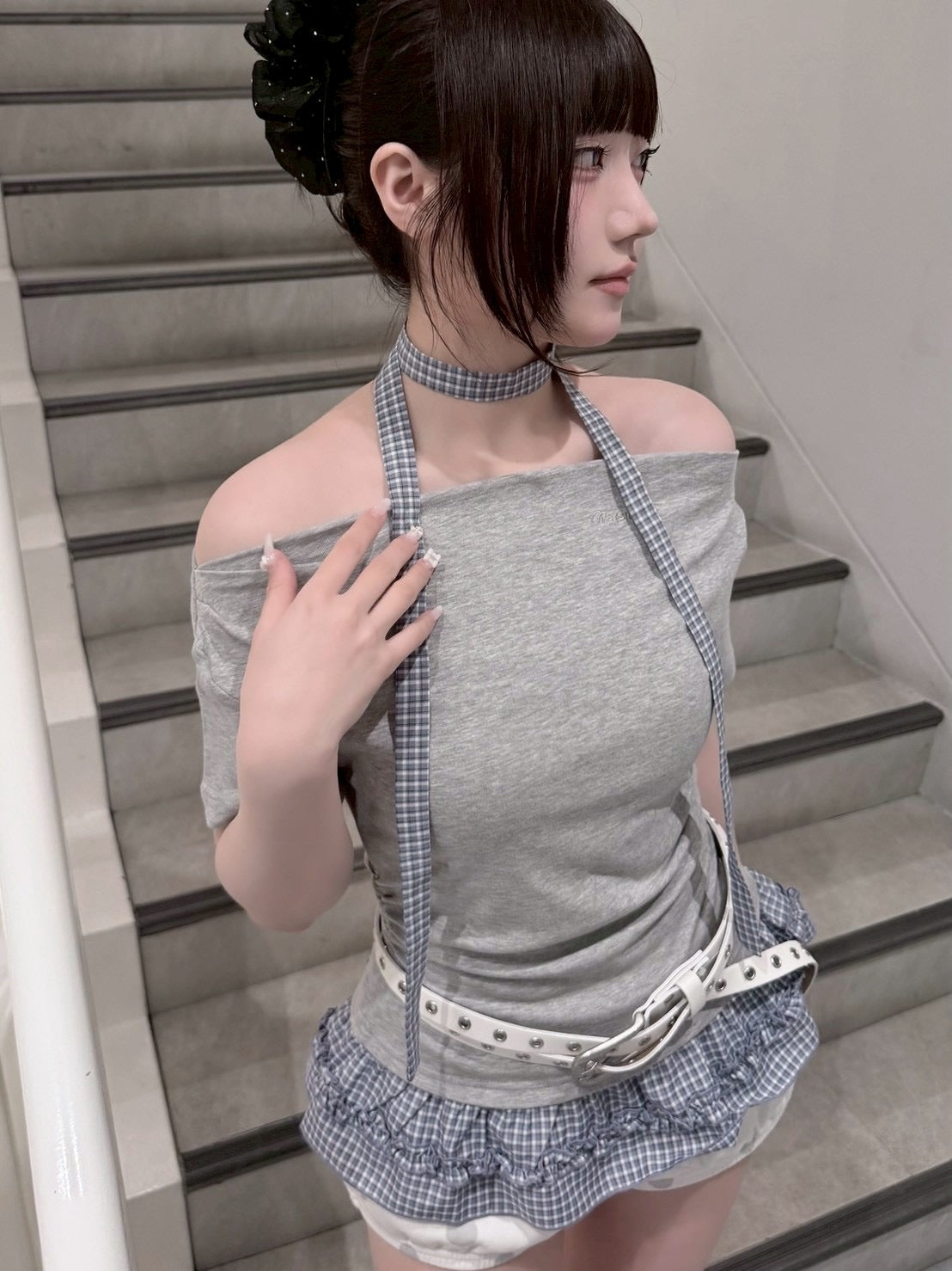 受注制【nmtc+】Check Frill Layered Tee Scarf Set (2color)