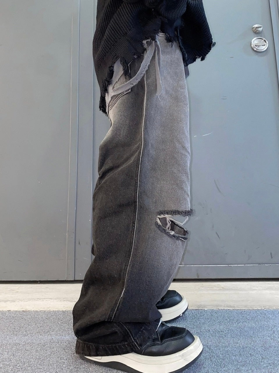 受注制【Never mind the XU】vintage wash damage denim pants (2color
