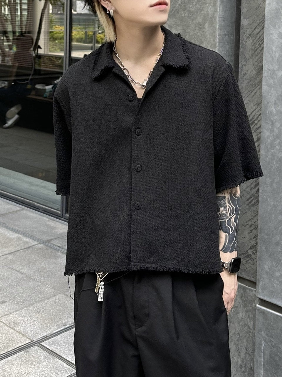 大阪店WEB限定受注制【Chikashitsu +】tweed cropped shirt (2color)