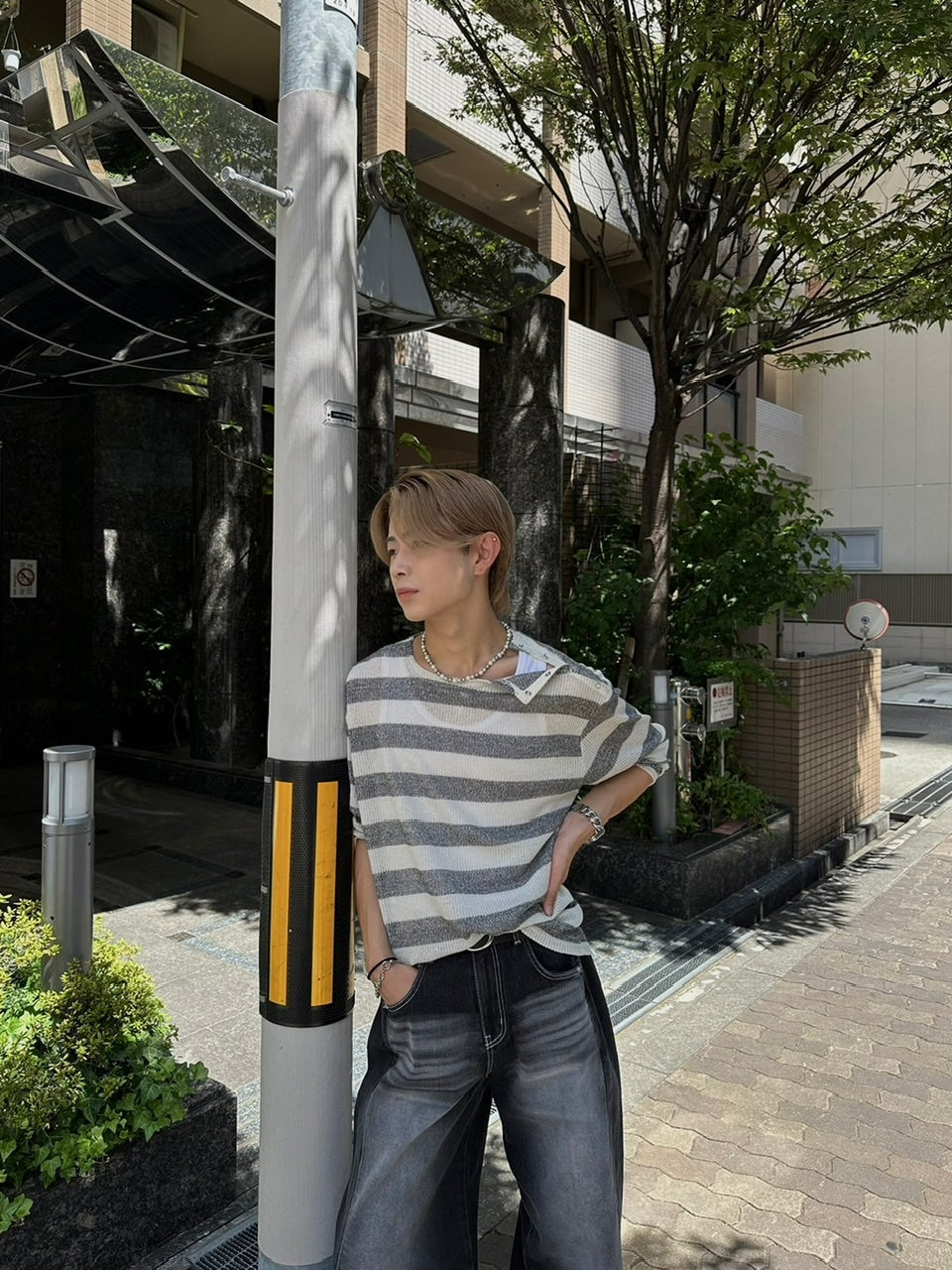 大阪店WEB限定受注制【Chikashitsu +】shoulder snap border knit (2color)