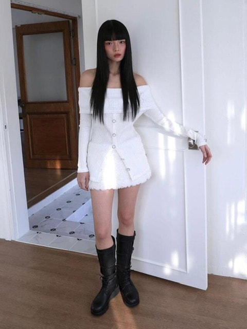 【Uglyshadow】BEAD KNIT OFF-SHOULDER / 【アグリーシャドウ】ビーズロングオフショルダー長袖カーディガン