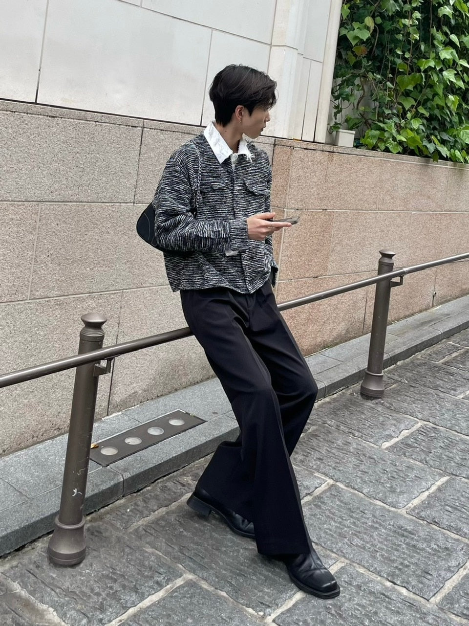 受注制【Chikashitsu +】no collar light tweed shirt (2color)