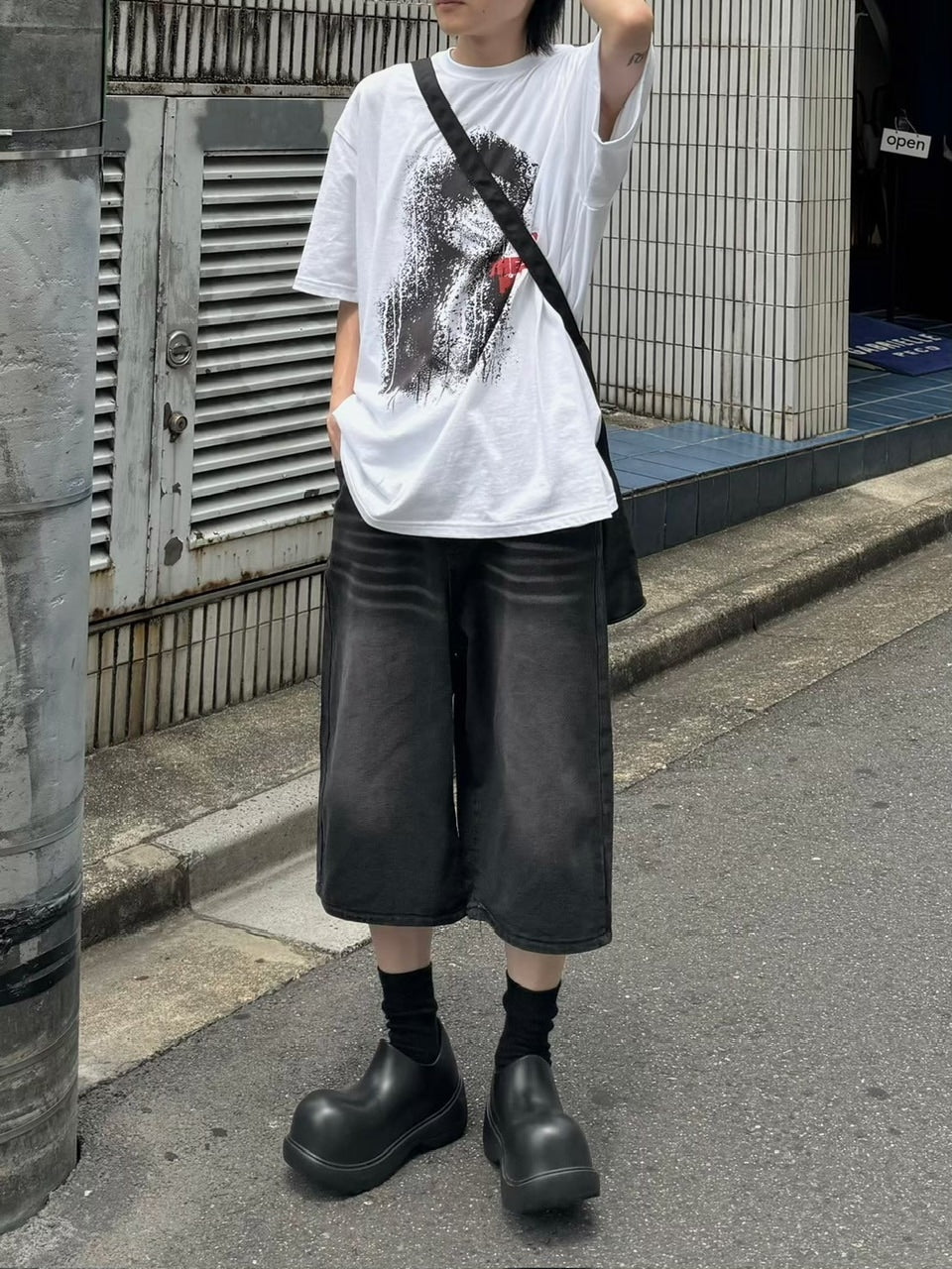 【Chikashitsu +】vintage wash wide denim half pants (2color)