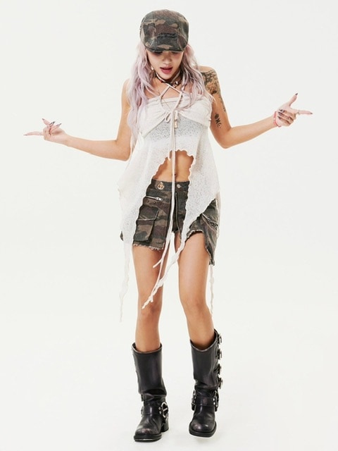 【HOLY NUMBER 7】Ribbon Ruffle Tube Top