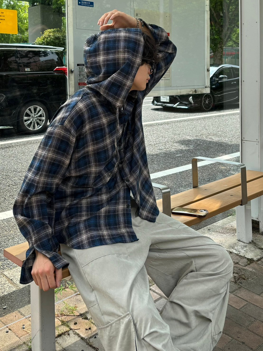 受注制【Chikashitsu +】glen check hooded shirt (2color) / 【チカシツプラス】グレンチェックフード長袖シャツ