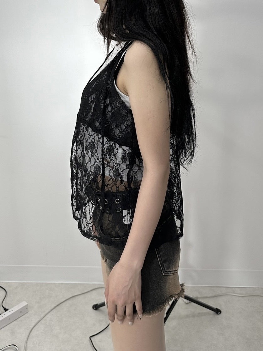 受注制【Never mind the XU】tie scarf lace tops (2color)