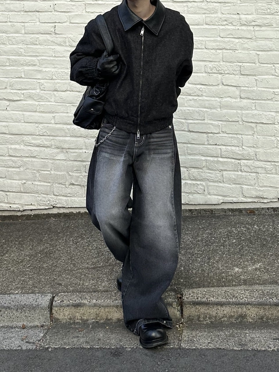 大阪店WEB限定【Chikashitsu +】cropped leather collar denim jacket