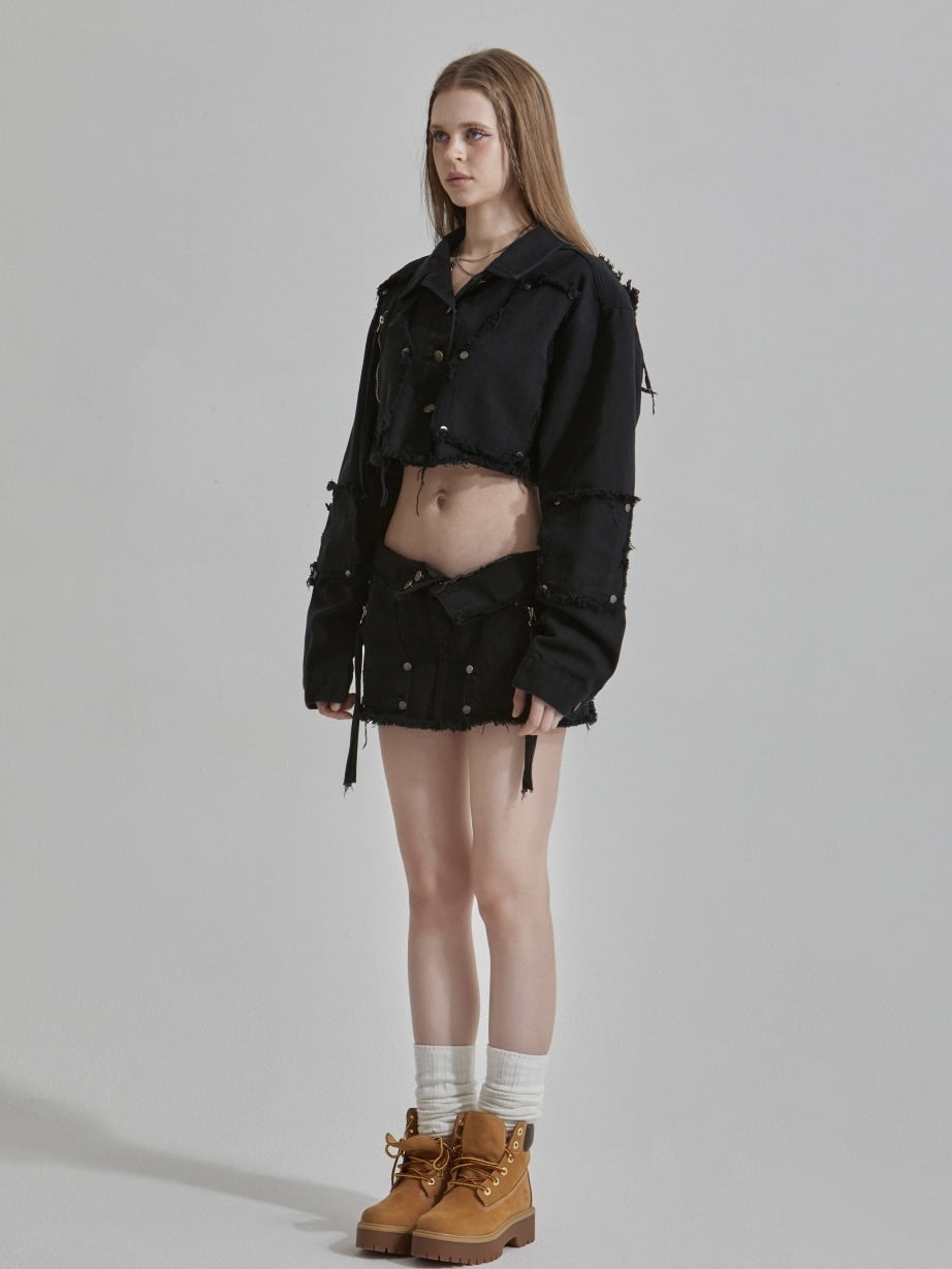 【GATELESS】RIVET FRINGE DENIM MINI SKIRT