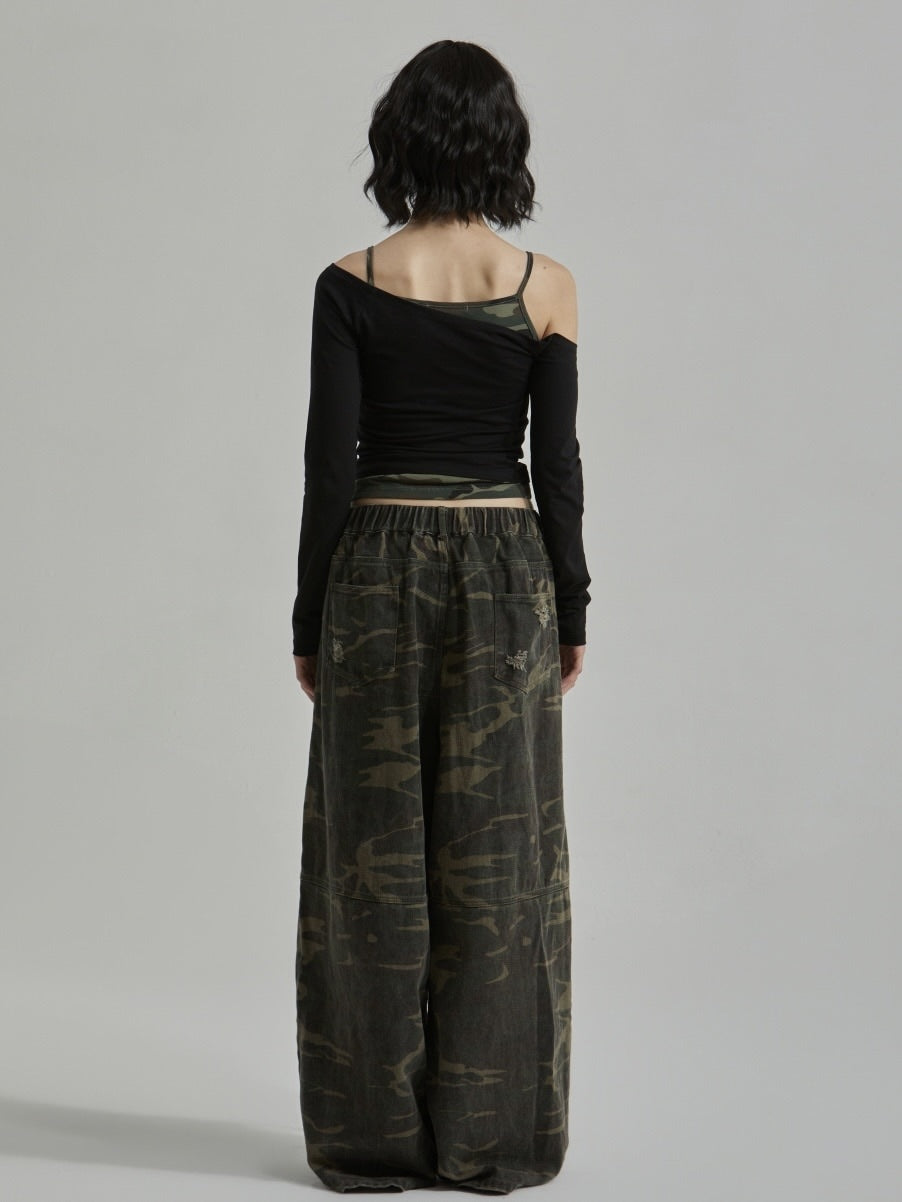 【GATELESS】CAMOUFLAGE LAYERED ONE SHOULDER T-SHIRT