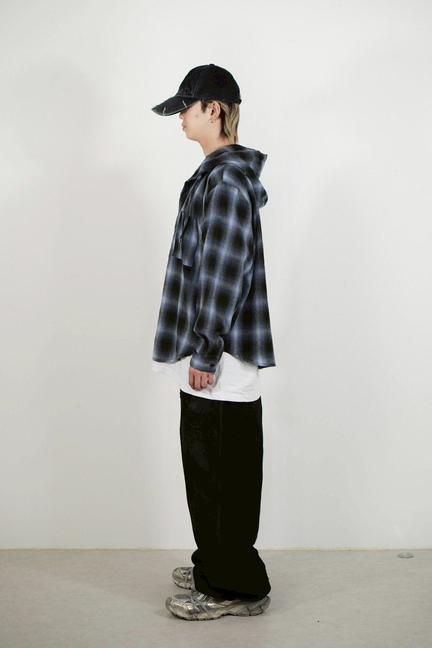 受注制【Chikashitsu +】tartan check hooded shirt (3color) / 【チカシツプラス】タータンチェックフード付き長袖シャツ