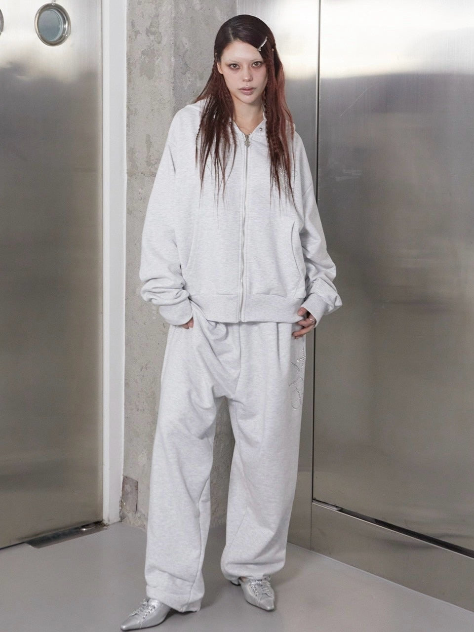 【HOLY NUMBER 7】OVERFIT HIP HOP MOVE CUBIC LETTERING HOODIE ZIP-UP