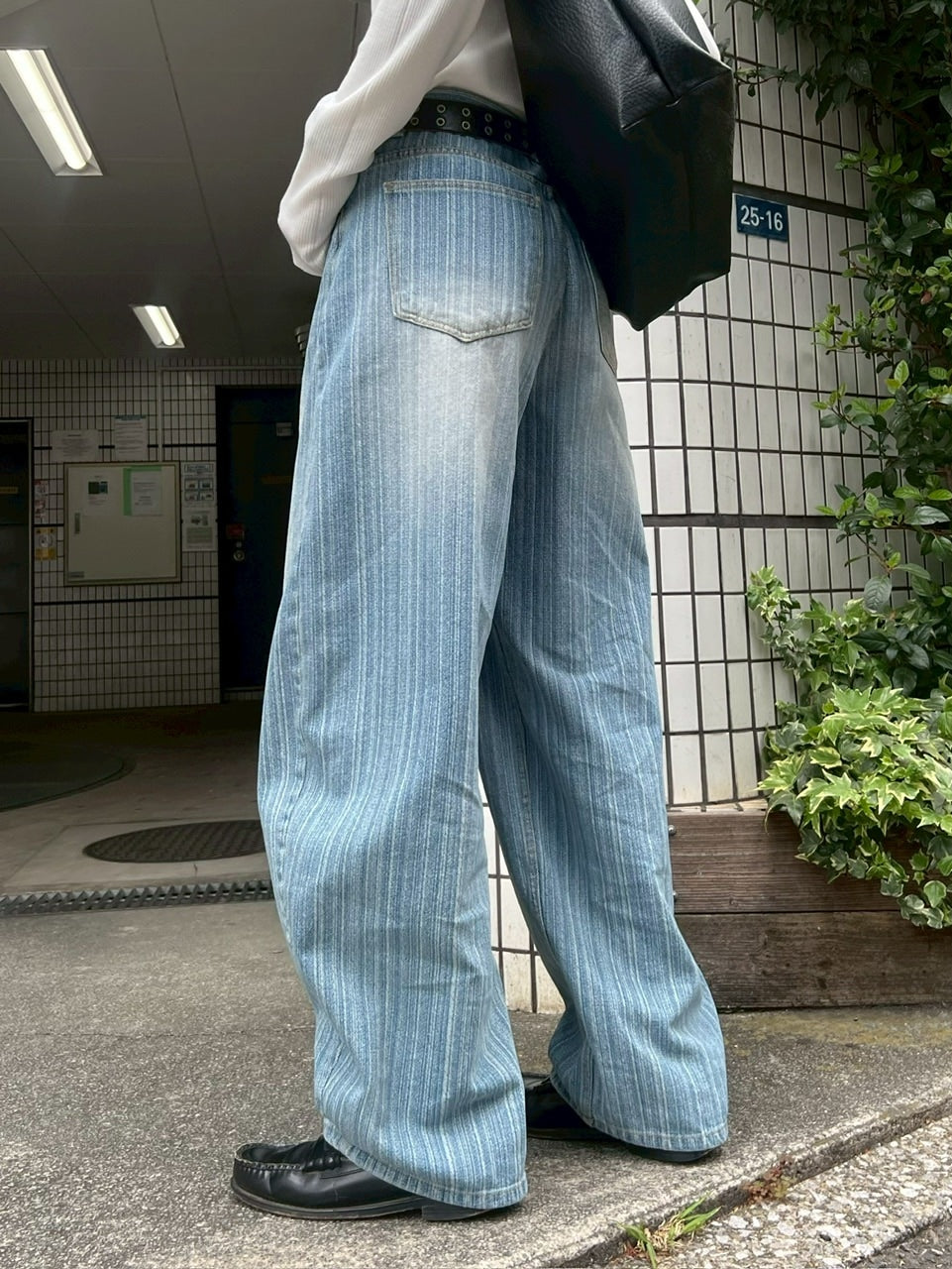 受注制【Chikashitsu +】wide stripe denim pants / 【チカシツプラス】ストライプボーダーワイドデニムパンツ