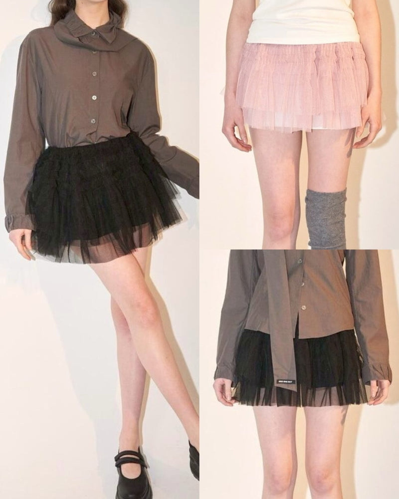 【ODDONEOUT】TUCKING MASH SKIRT / 【オッドワンアウト】タッキングメッシュフリルレーススカート