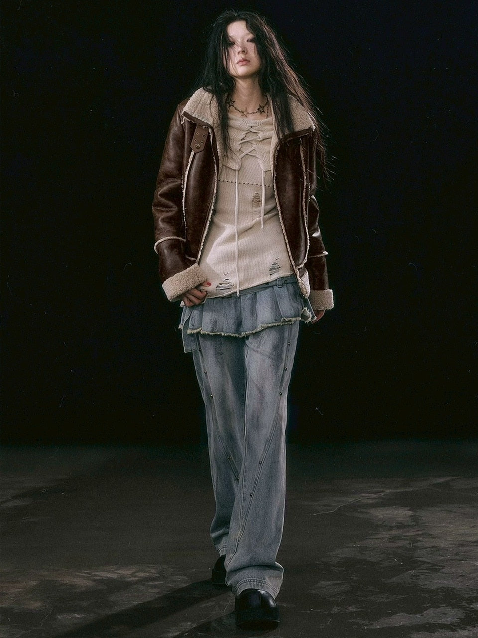 【Cest Nous】Dirty Wash Blue Denim Jeans / 【セヌー】ダーティーウォッシングスカートレイヤードデニムパンツ