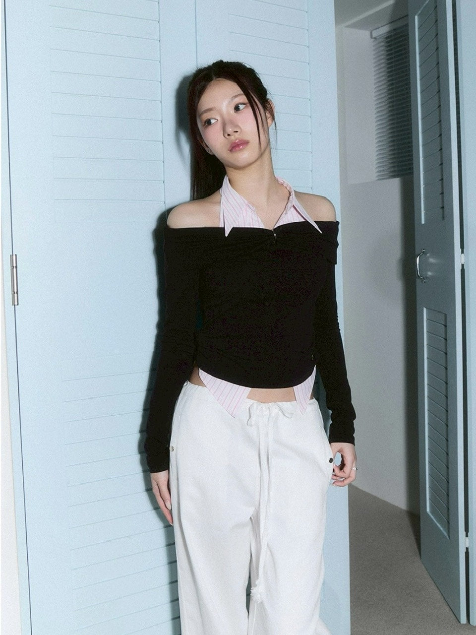 【CHERRYQUIRI】shirts layered off shoulder top