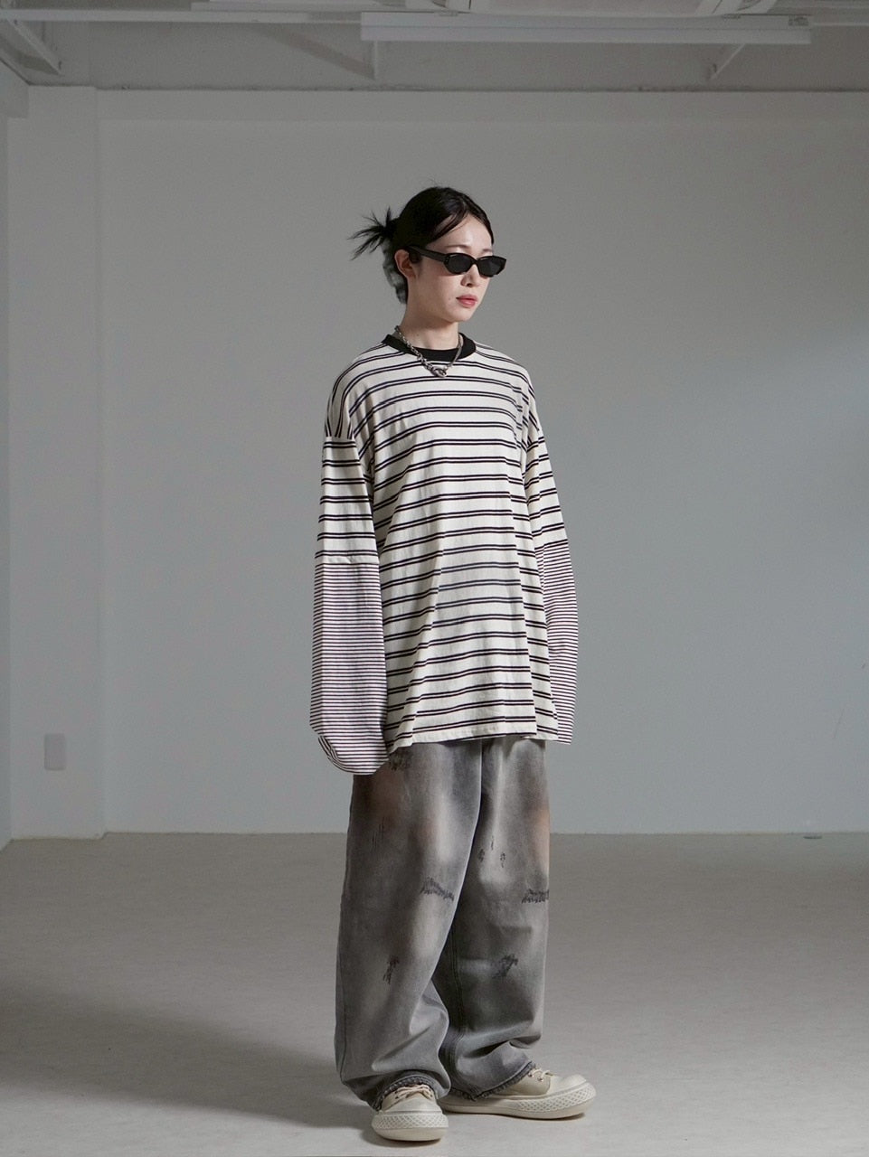 【Chikashitsu +】oversized layered border washed long sleeve / 【チカシツプラス】オーバーサイズウォッシュドレイヤードボーダー長袖Tシャツ(2color)