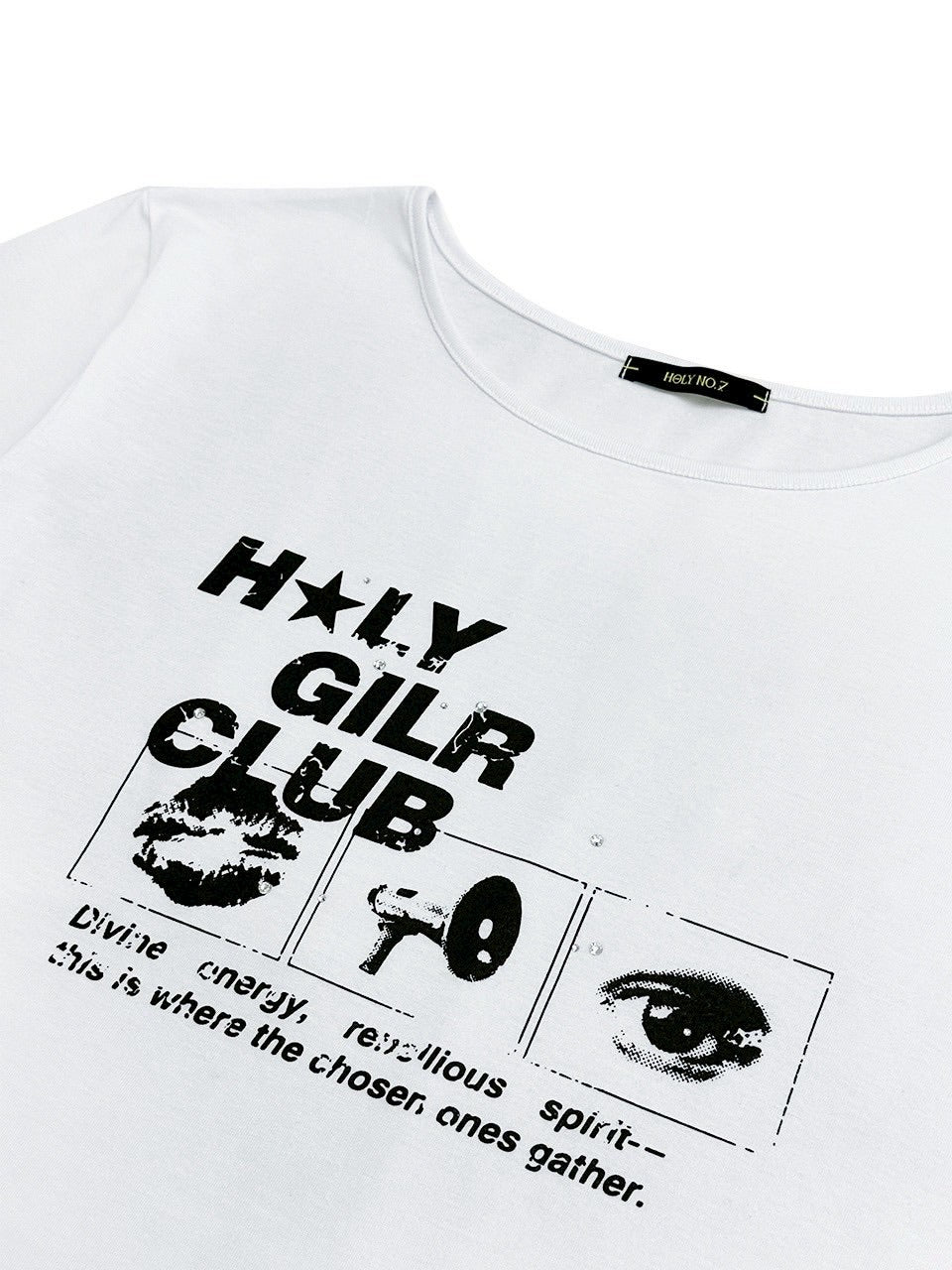 【HOLY NUMBER 7】OFF-SHOULDER HOLY GIRL CLUB GRAPHICS SHORT-SLEEVED T-SHIRT/ 【ホーリーナンバーセブン】オフショルダープリント半袖Tシャツ