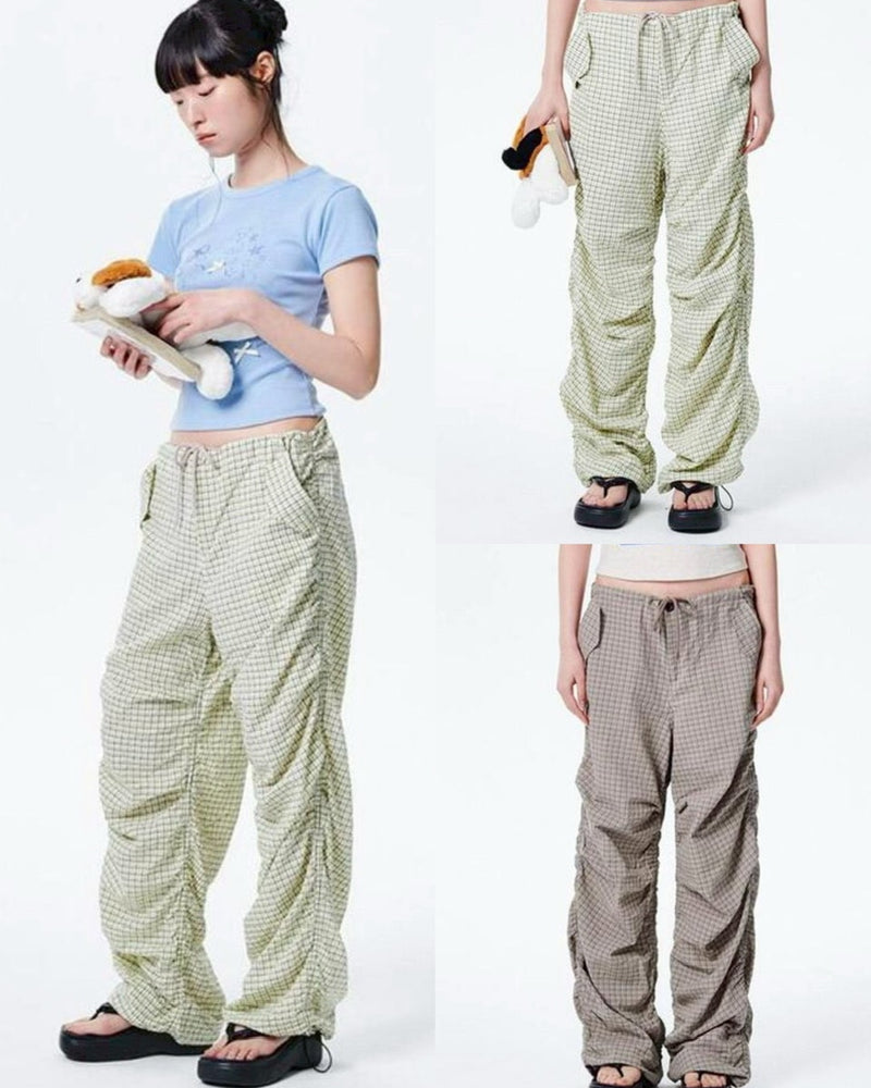【runningHIGH】CHECK SHIRRING PARACHUTE PANTS