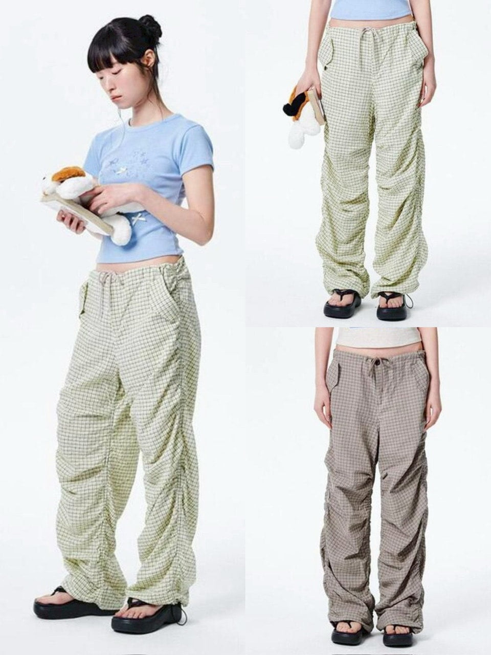 【runningHIGH】CHECK SHIRRING PARACHUTE PANTS