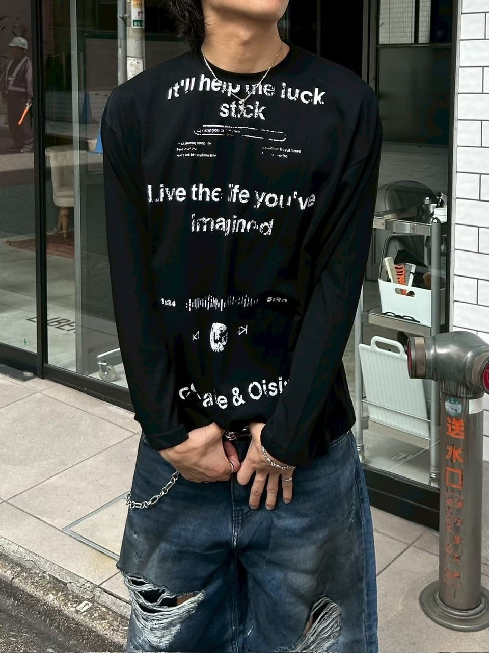 【Chikashitsu +】croque lettering long sleeve / 【チカシツプラス】モックネックレタリング長袖Tシャツ(2color)