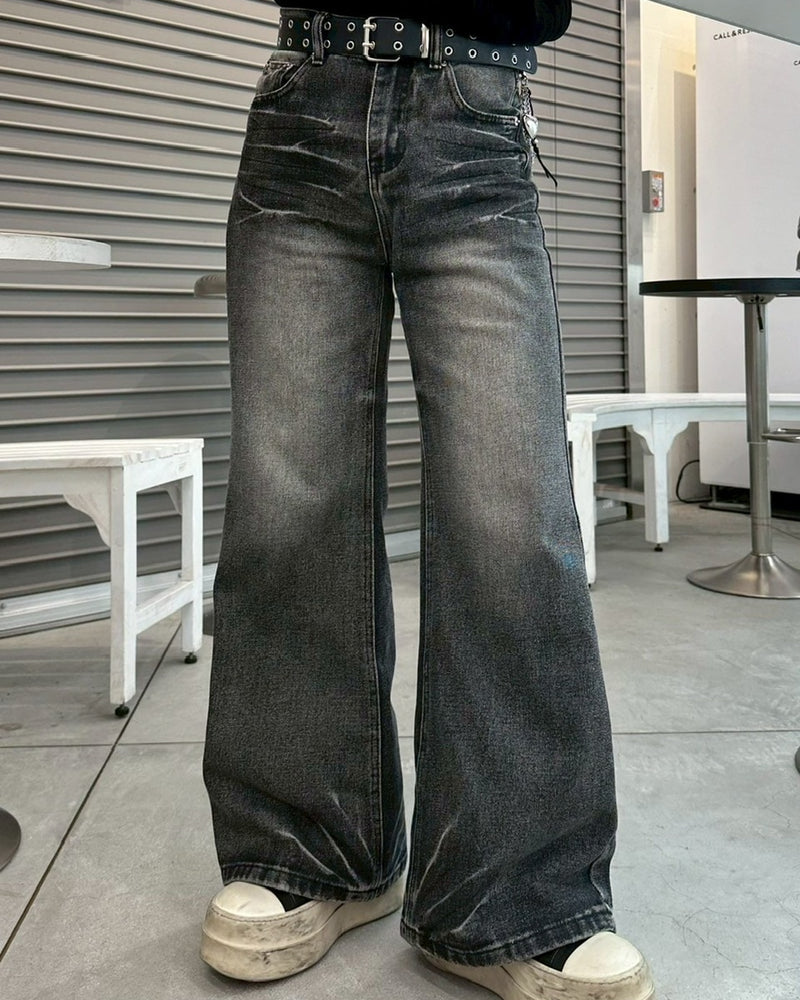 【LUV CODE】washed denim flare pants