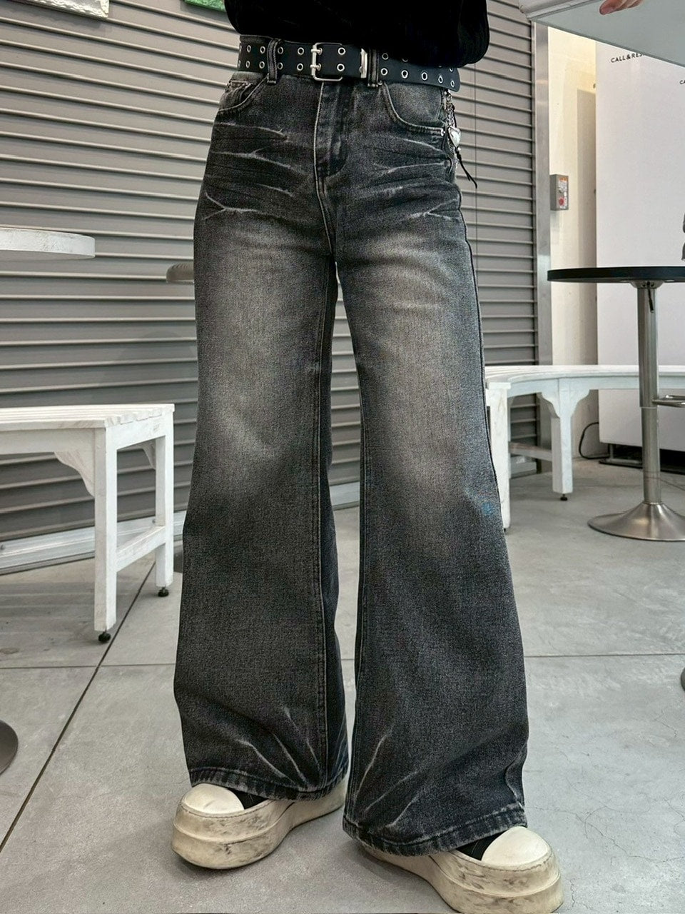 【LUV CODE】washed denim flare pants